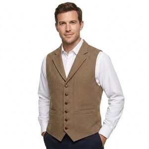 SOLD-Orvis Signature Collection Mens XL Brown Herringbone 100% Wool Vest